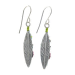 Fireflys Beach Glass Navette Soft Earrings are handmade dangle earrings featuring feather shapes with green and pink bead accents, displayed on a white background.