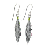 Fireflys Beach Glass Navette Soft Earrings are handmade dangle earrings featuring feather shapes with green and pink bead accents, displayed on a white background.