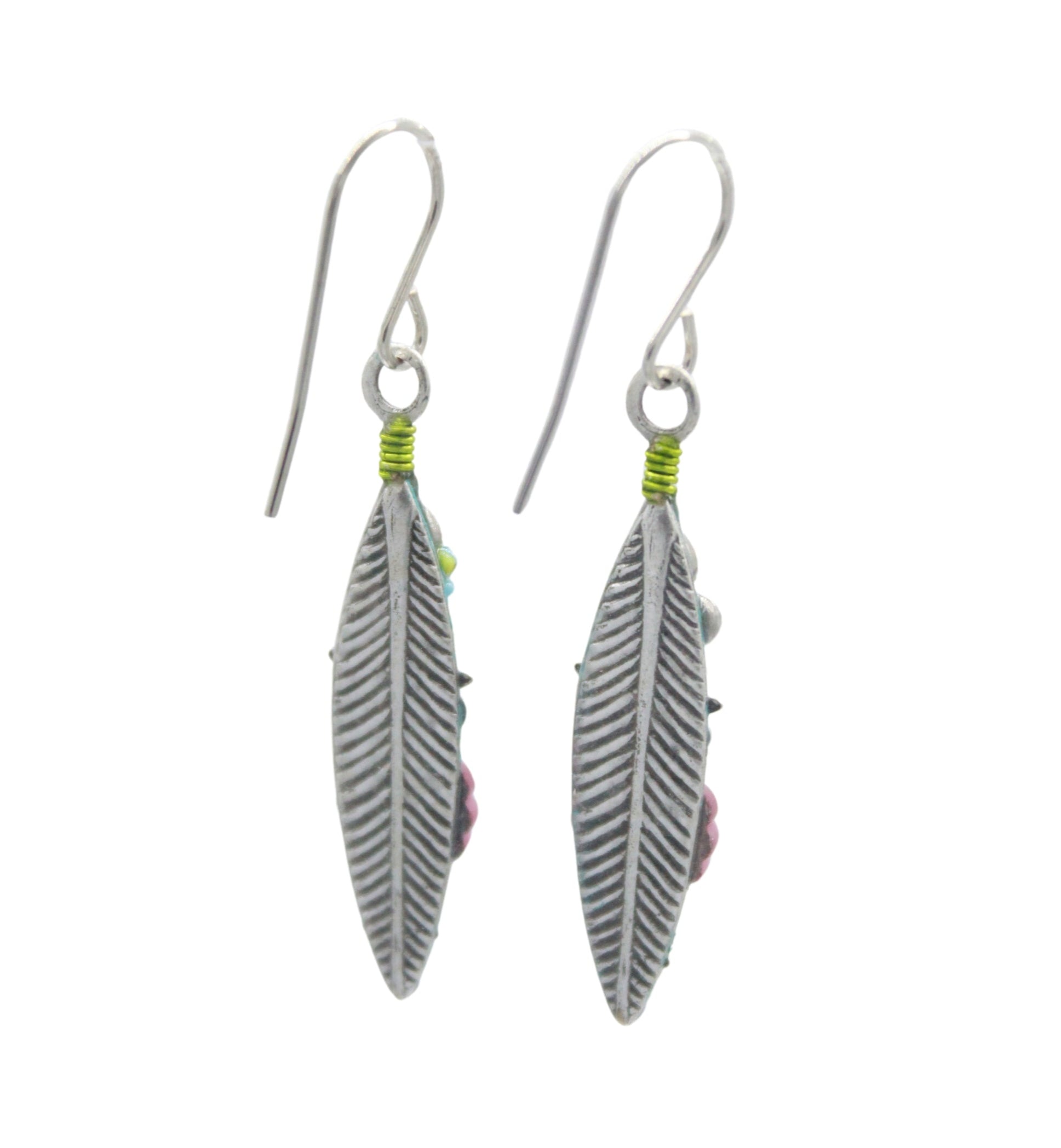 Fireflys Beach Glass Navette Soft Earrings are handmade dangle earrings featuring feather shapes with green and pink bead accents, displayed on a white background.