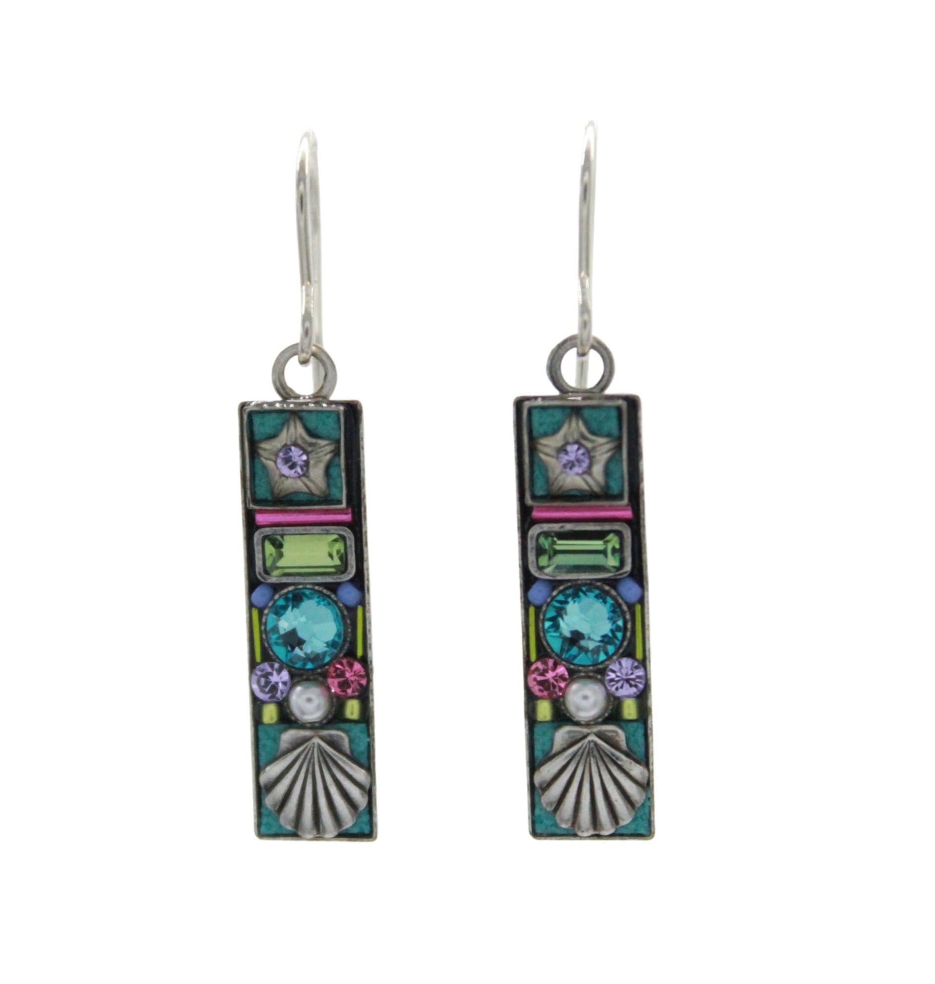 The Beach Glass Rectangle Soft Earrings by Firefly feature colorful geometric and floral designs with a shell motif, silver hooks, and are handmade in Guatemala. Fair-Trade Jewelry from the Firefly brand.