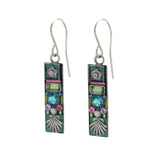 Handmade in Guatemala, Firefly Beach Glass Rectangle Soft Earrings feature floral designs in green, blue, and pink on white glass with silver hooks. These fair-trade earrings by Firefly add a colorful touch to any look.
