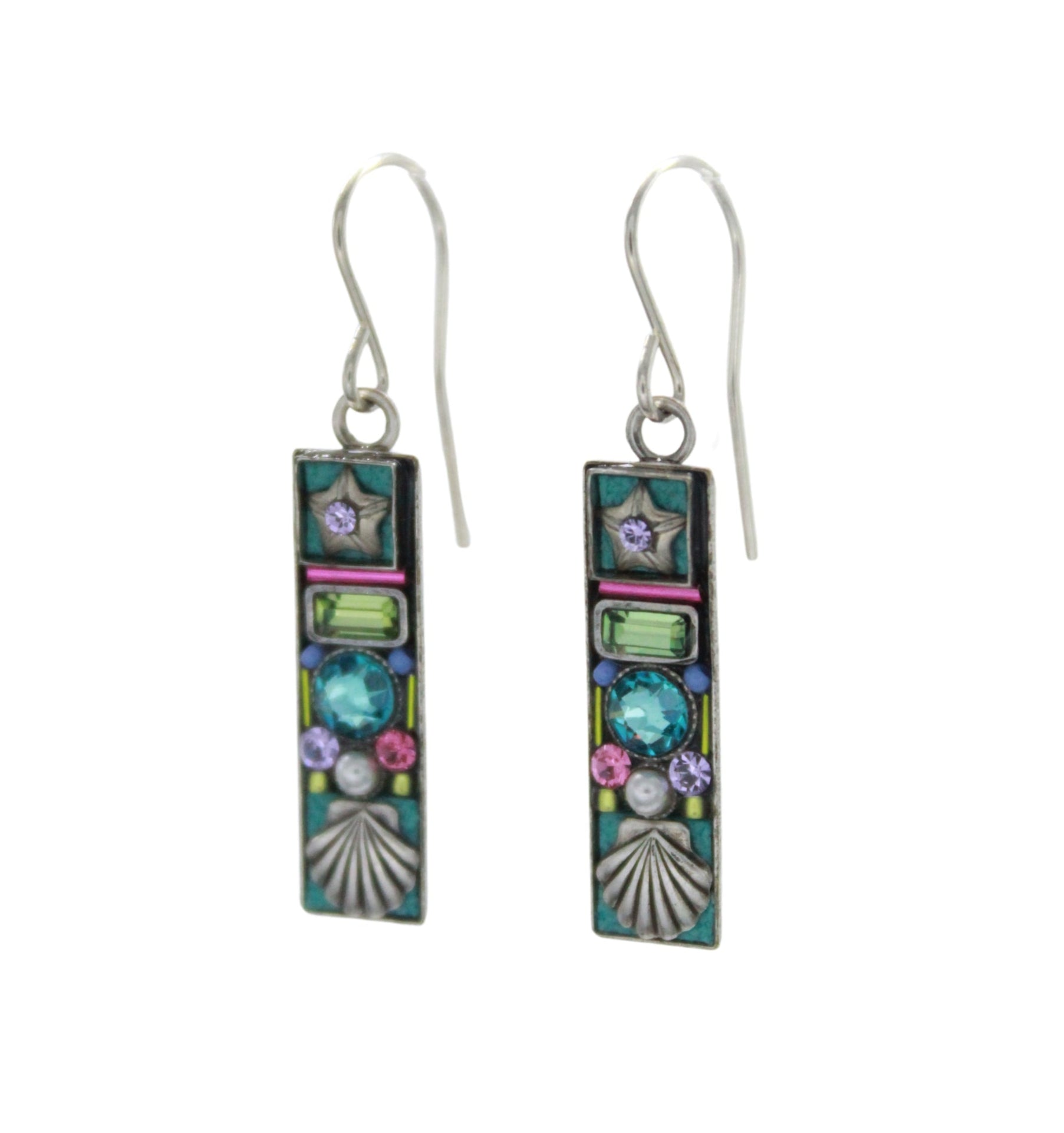 Handmade in Guatemala, Firefly Beach Glass Rectangle Soft Earrings feature floral designs in green, blue, and pink on white glass with silver hooks. These fair-trade earrings by Firefly add a colorful touch to any look.