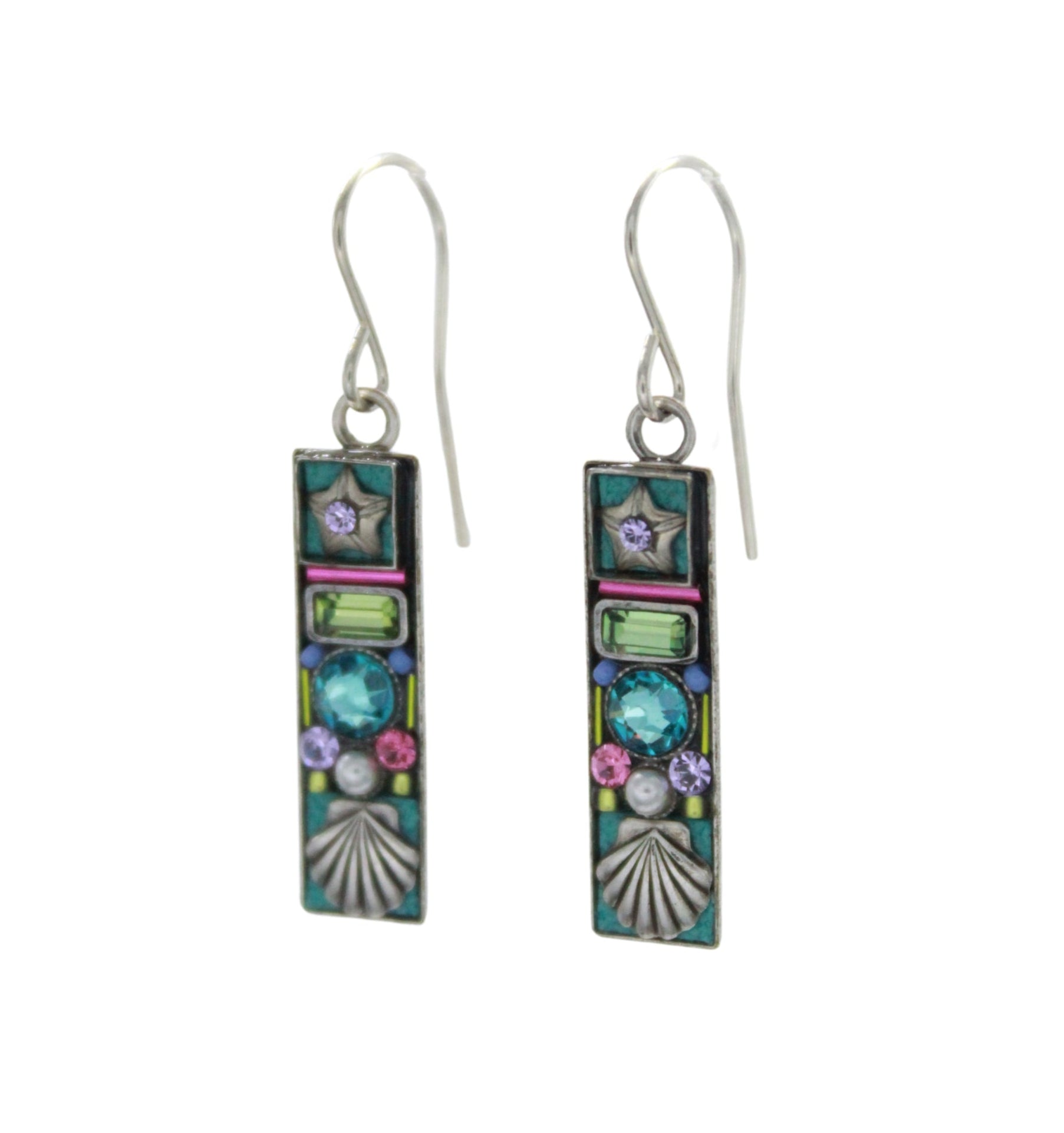 Handmade in Guatemala, Firefly Beach Glass Rectangle Soft Earrings feature floral designs in green, blue, and pink on white glass with silver hooks. These fair-trade earrings by Firefly add a colorful touch to any look.