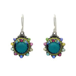 Firefly’s Beach Glass Aqua Shell Soft Earrings feature turquoise shell centers with colorful gemstones in green, blue, pink, purple, and yellow set in silver metal. Hypo-allergenic—perfect for sensitive ears.