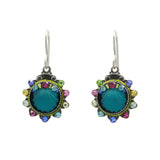 Firefly’s Beach Glass Aqua Shell Soft Earrings feature turquoise shell centers with colorful gemstones in green, blue, pink, purple, and yellow set in silver metal. Hypo-allergenic—perfect for sensitive ears.