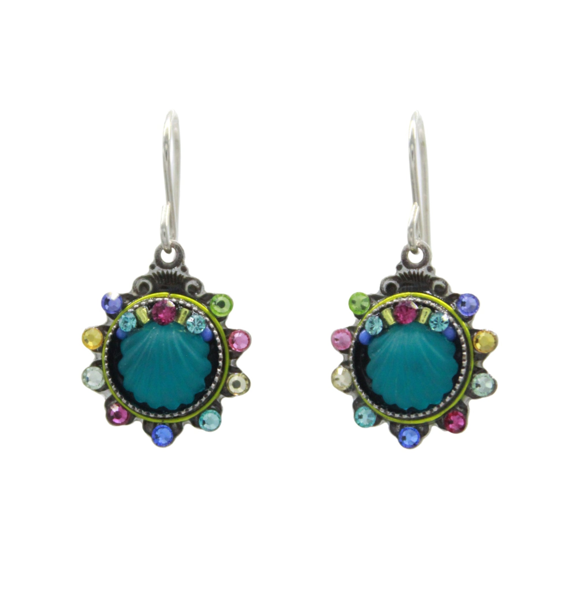Firefly’s Beach Glass Aqua Shell Soft Earrings feature turquoise shell centers with colorful gemstones in green, blue, pink, purple, and yellow set in silver metal. Hypo-allergenic—perfect for sensitive ears.