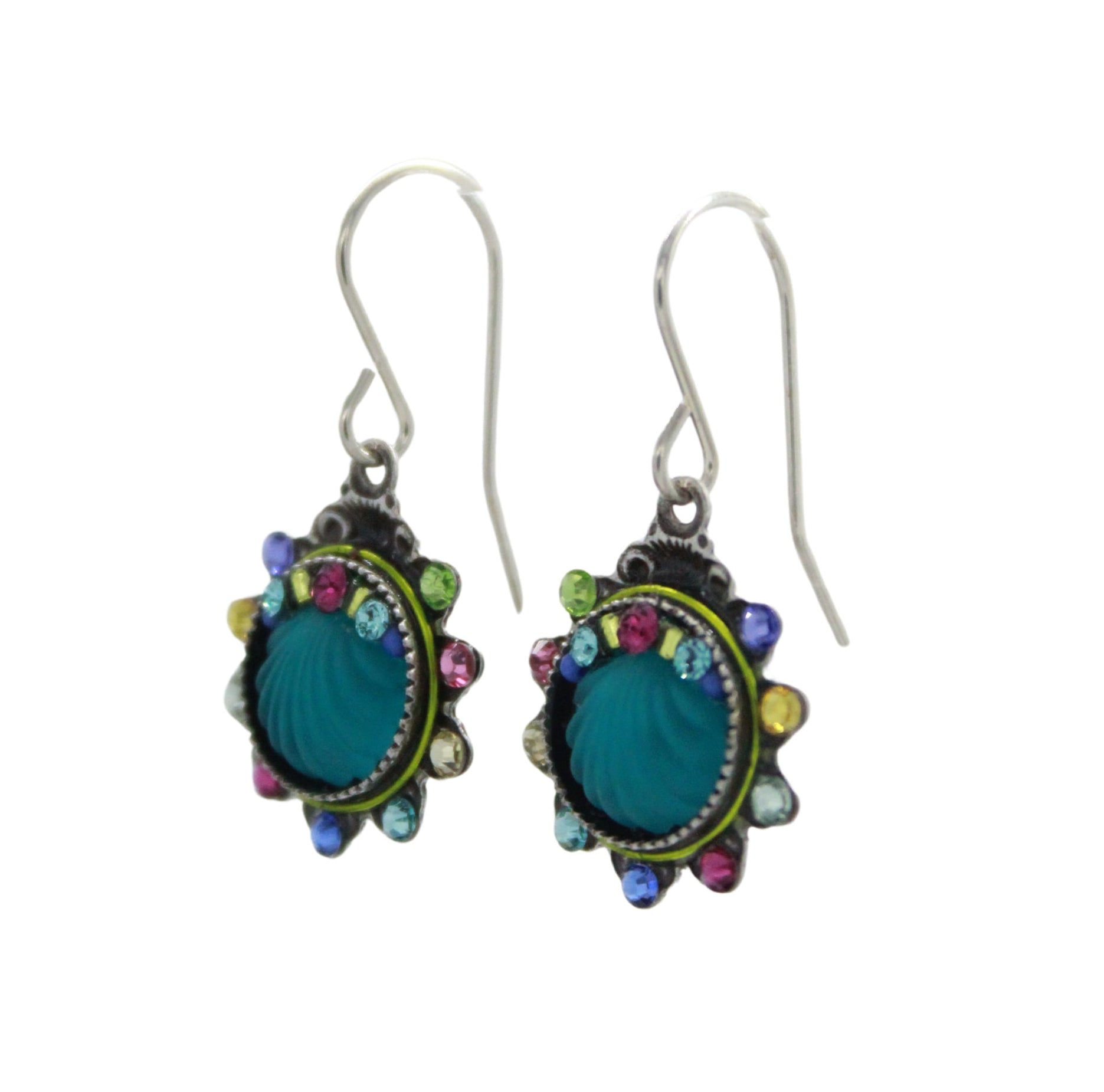 A pair of Beach Glass Aqua Shell Soft Earrings by Firefly, featuring round teal centers, colorful beads, and metal hooks, displayed on a white background.