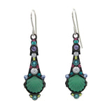 Beach Glass Green Shell Long Drop Soft Earrings by Firefly feature shell-shaped centers, multicolored gemstones, small pearls, and silver hooks. Experience the charm of unique handmade jewelry set against a white background.
