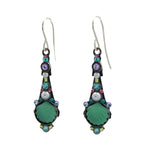 The Firefly Beach Glass Green Shell Long Drop Soft Earrings feature shell-shaped centers, colorful gemstones, and silver hooks. Displayed on a plain white background, this fair-trade jewelry is crafted by Firefly.