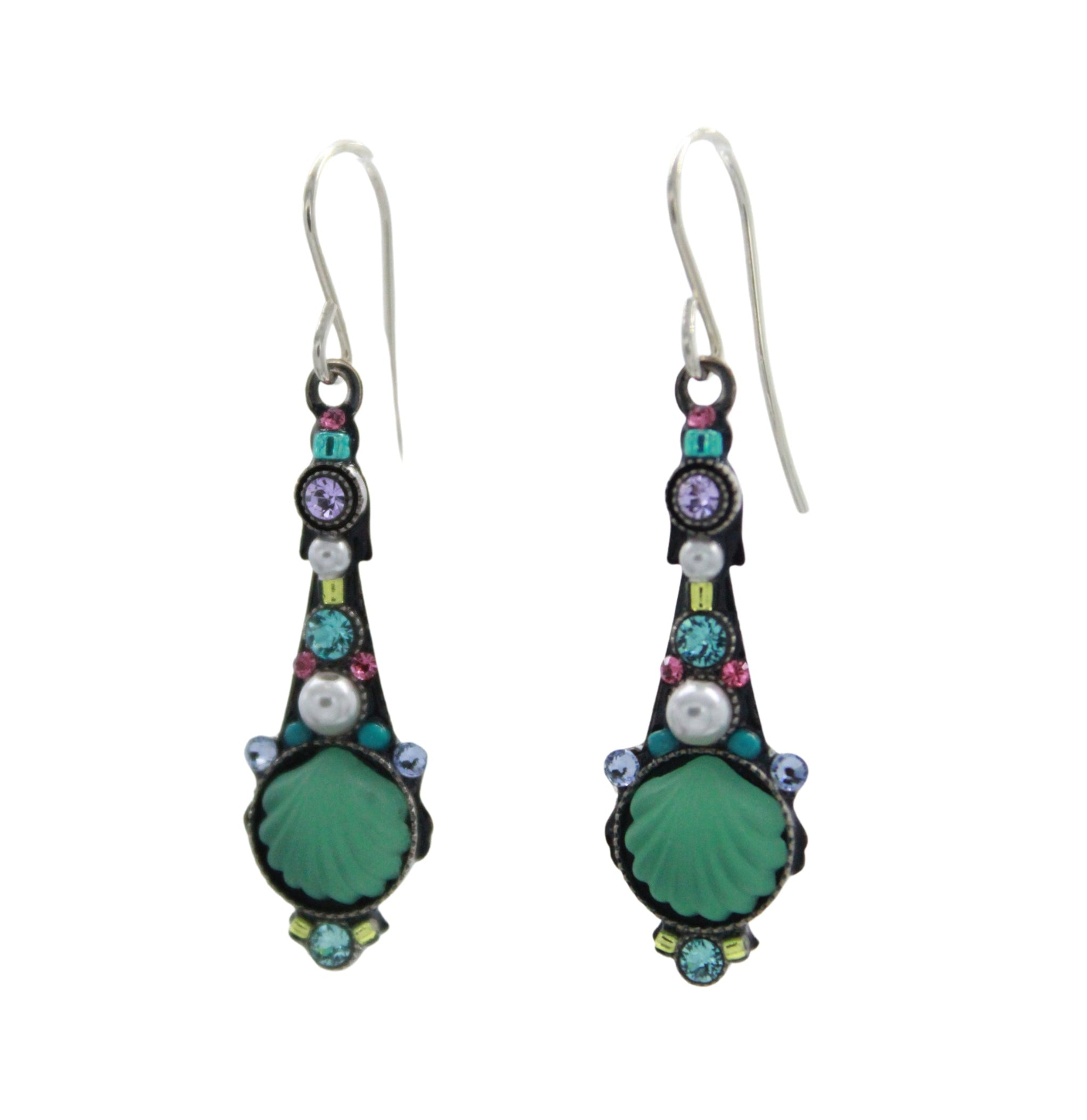 The Firefly Beach Glass Green Shell Long Drop Soft Earrings feature shell-shaped centers, colorful gemstones, and silver hooks. Displayed on a plain white background, this fair-trade jewelry is crafted by Firefly.