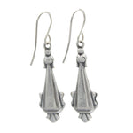 The Firefly Beach Glass Green Shell Long Drop Soft Earrings feature handmade, fan-shaped pendants on simple hooks, beautifully displayed against a white background.