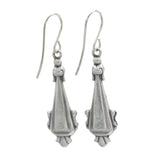 The Firefly Beach Glass Green Shell Long Drop Soft Earrings feature handmade, fan-shaped pendants on simple hooks, beautifully displayed against a white background.