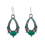 Firefly’s Beach Glass Oval Hoop Soft Earrings feature colorful, teardrop-shaped handmade jewelry with blue, pink, green, and purple gemstones, pearl-like beads, and a green scallop shell design at the bottom.