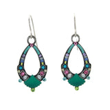 Firefly’s Beach Glass Oval Hoop Soft Earrings feature colorful, teardrop-shaped handmade jewelry with blue, pink, green, and purple gemstones, pearl-like beads, and a green scallop shell design at the bottom.
