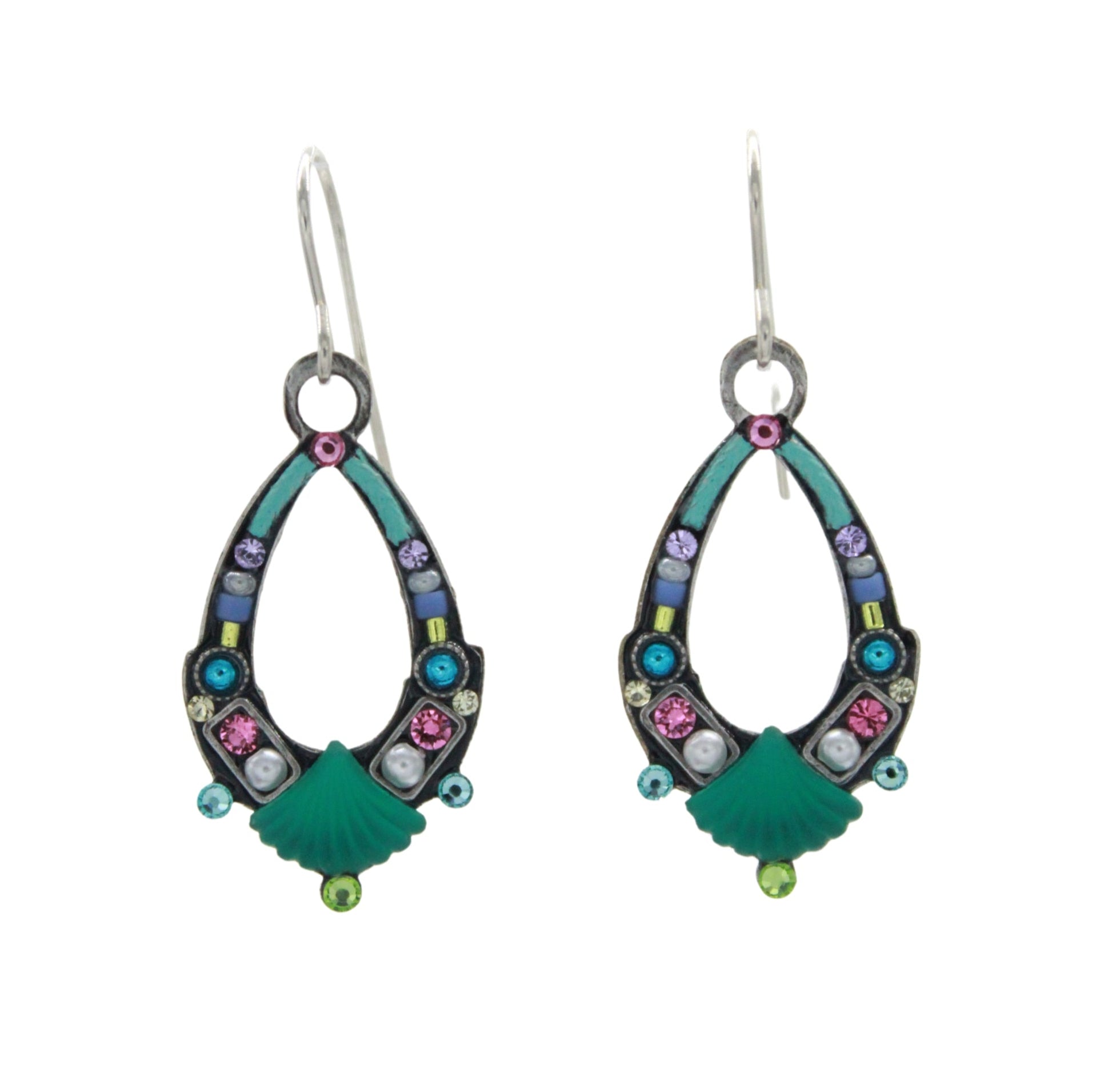 Firefly’s Beach Glass Oval Hoop Soft Earrings feature colorful, teardrop-shaped handmade jewelry with blue, pink, green, and purple gemstones, pearl-like beads, and a green scallop shell design at the bottom.