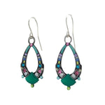 Firefly’s Beach Glass Oval Hoop Soft Earrings feature teal enamel accents, multicolored gemstones, and a seashell motif with silver hooks—handmade jewelry inspired by beach glass.