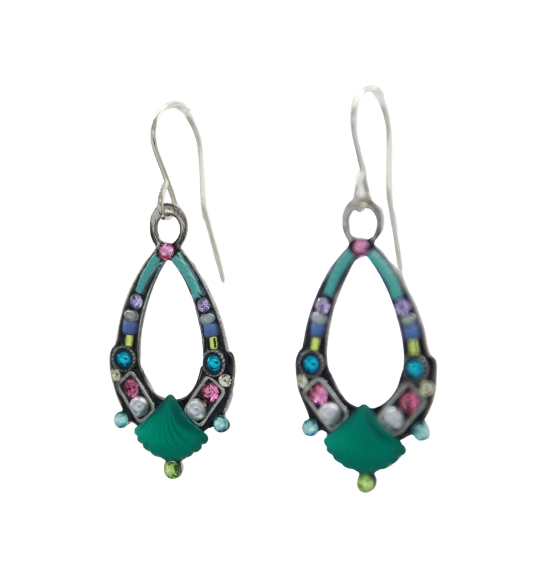 Firefly’s Beach Glass Oval Hoop Soft Earrings feature teal enamel accents, multicolored gemstones, and a seashell motif with silver hooks—handmade jewelry inspired by beach glass.
