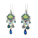 The Beach Glass Water Fall Soft Earrings by Firefly feature green and blue accents, geometric shapes, beads, shell charms, and teardrop pendants in silver-tone metal—a handmade Firefly jewelry piece with coastal flair.