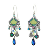 The Beach Glass Water Fall Soft Earrings by Firefly feature green and blue accents, geometric shapes, beads, shell charms, and teardrop pendants in silver-tone metal—a handmade Firefly jewelry piece with coastal flair.