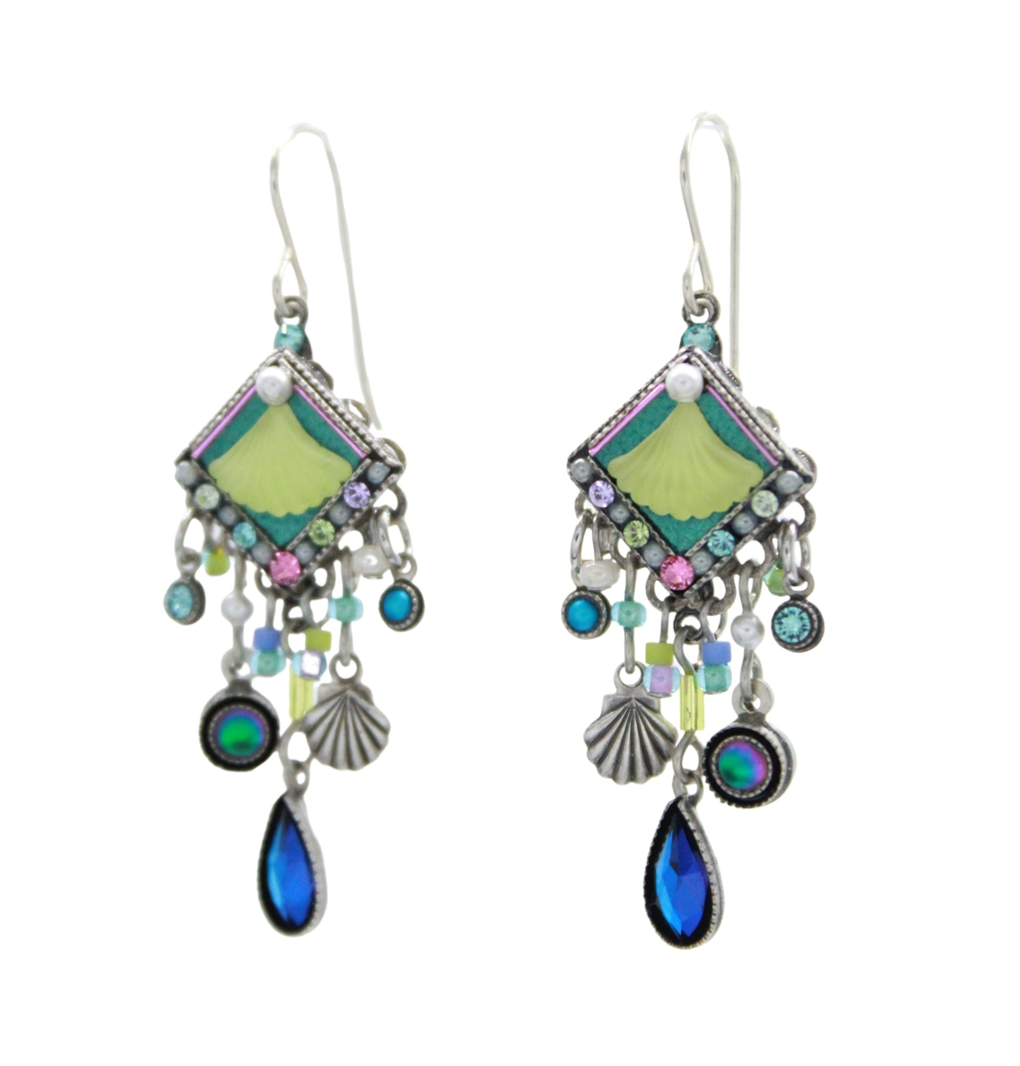 The Beach Glass Water Fall Soft Earrings by Firefly feature green and blue accents, geometric shapes, beads, shell charms, and teardrop pendants in silver-tone metal—a handmade Firefly jewelry piece with coastal flair.