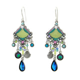 The Beach Glass Water Fall Soft Earrings by Firefly feature ornate silver-tone dangles with green fan tops, blue and purple gems, shell charms, and teardrop blue crystals—unique handmade jewelry inspired by fair-trade craftsmanship.