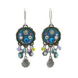 The Firefly Beach Glass Fringe Soft Earrings feature round, colorful floral designs with dangling seashell charms and blue, green, and purple beads—beautifully crafted as fair-trade jewelry.