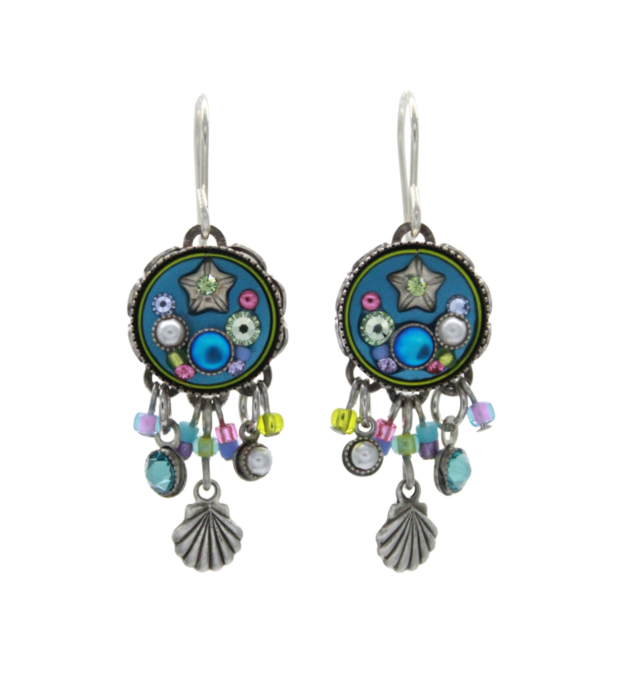 The Firefly Beach Glass Fringe Soft Earrings feature round, colorful floral designs with dangling seashell charms and blue, green, and purple beads—beautifully crafted as fair-trade jewelry.