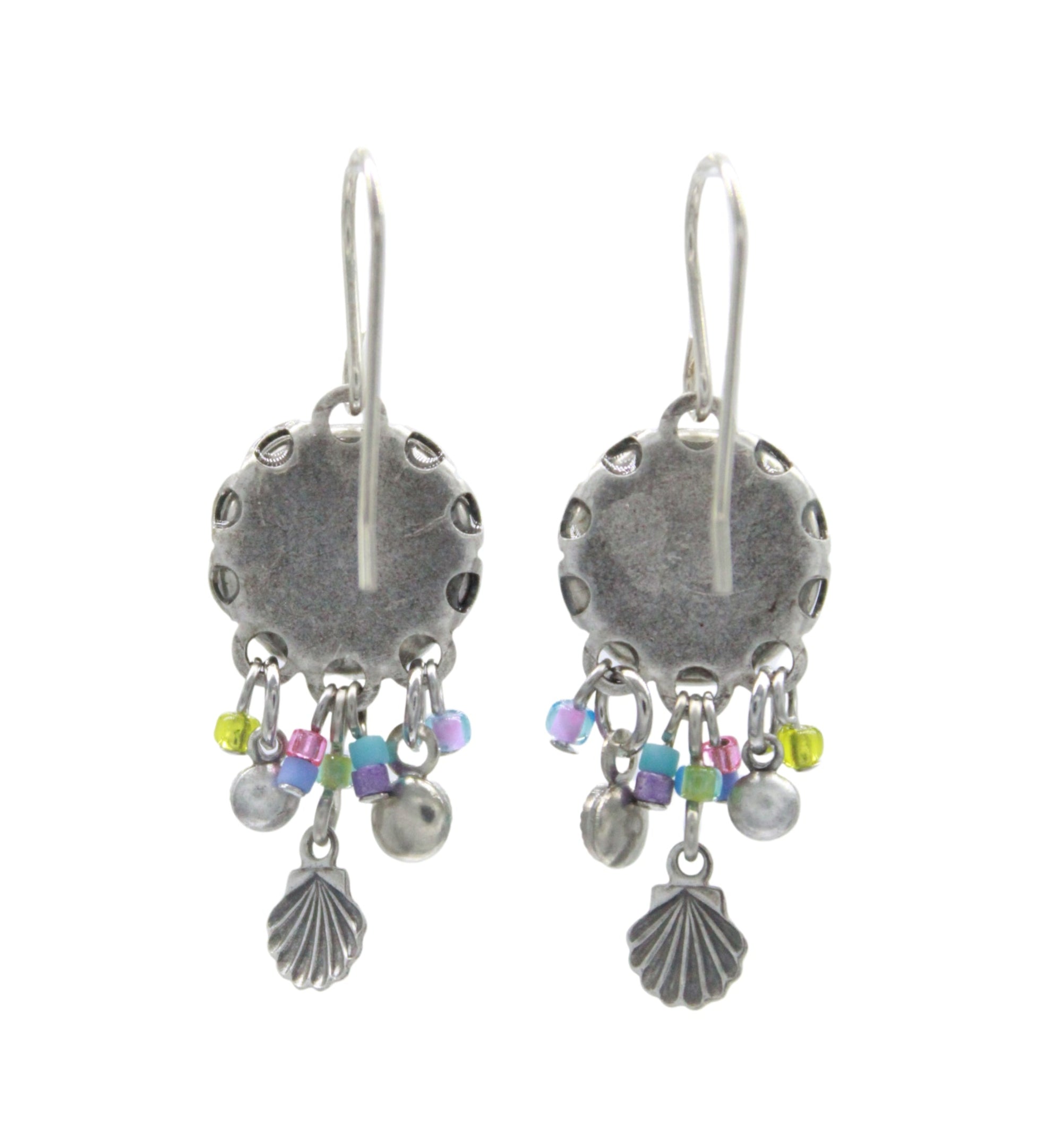 Add coastal flair to any look with Firefly’s Beach Glass Fringe Soft Earrings—silver discs with colorful beads and dangling shell-shaped charms. These handmade earrings by Firefly Jewelry are perfect for a beach-inspired style.