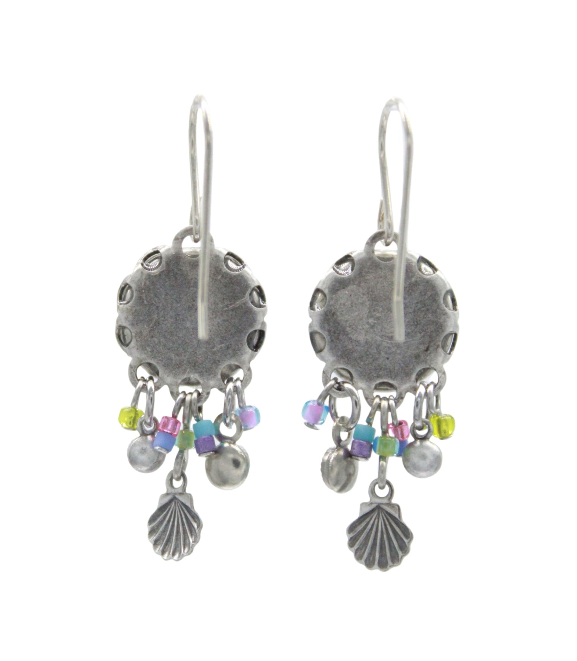 Add coastal flair to any look with Firefly’s Beach Glass Fringe Soft Earrings—silver discs with colorful beads and dangling shell-shaped charms. These handmade earrings by Firefly Jewelry are perfect for a beach-inspired style.