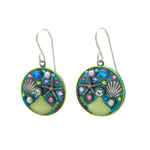 Fireflys Beach Glass Round Soft Earrings feature handmade, ocean-inspired dangles with seashells, pearls, and vibrant blue, pink, and green accents on silver hooks—perfect for adding colorful flair to any look.