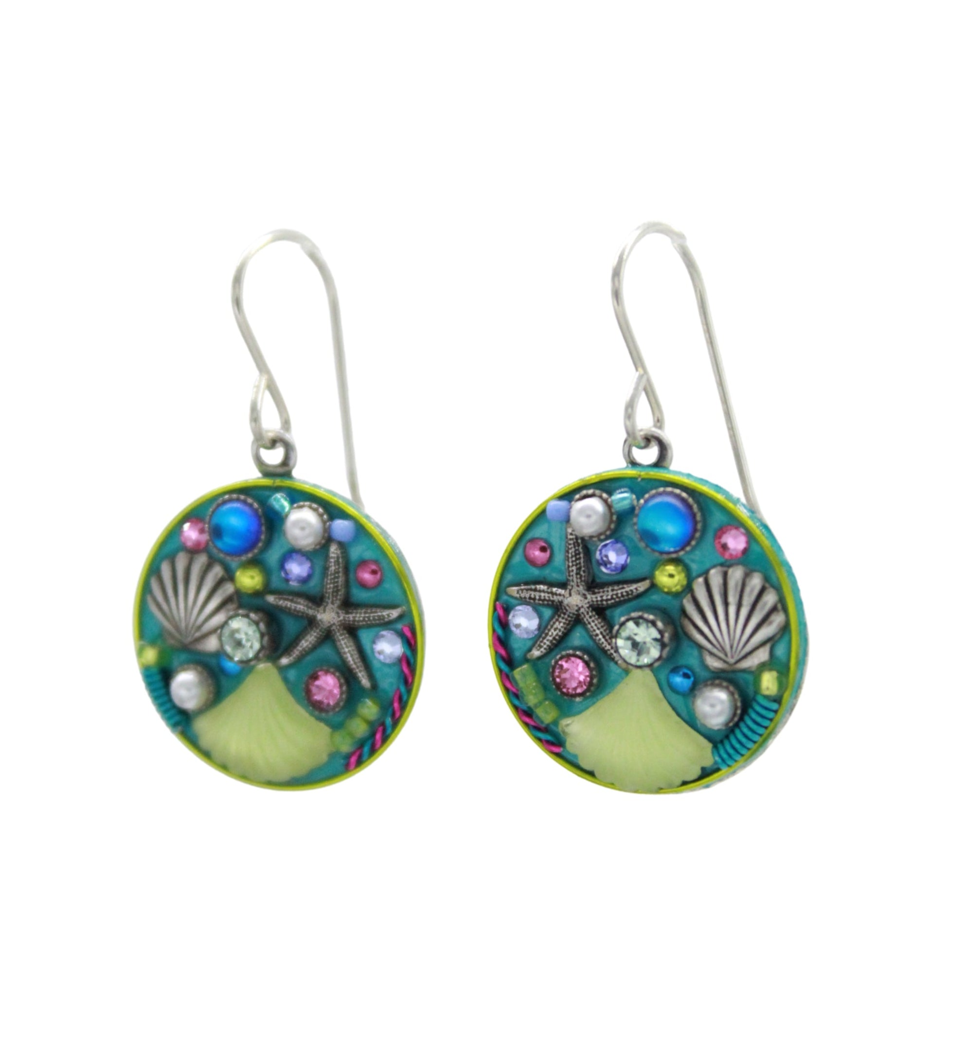Fireflys Beach Glass Round Soft Earrings feature handmade, ocean-inspired dangles with seashells, pearls, and vibrant blue, pink, and green accents on silver hooks—perfect for adding colorful flair to any look.