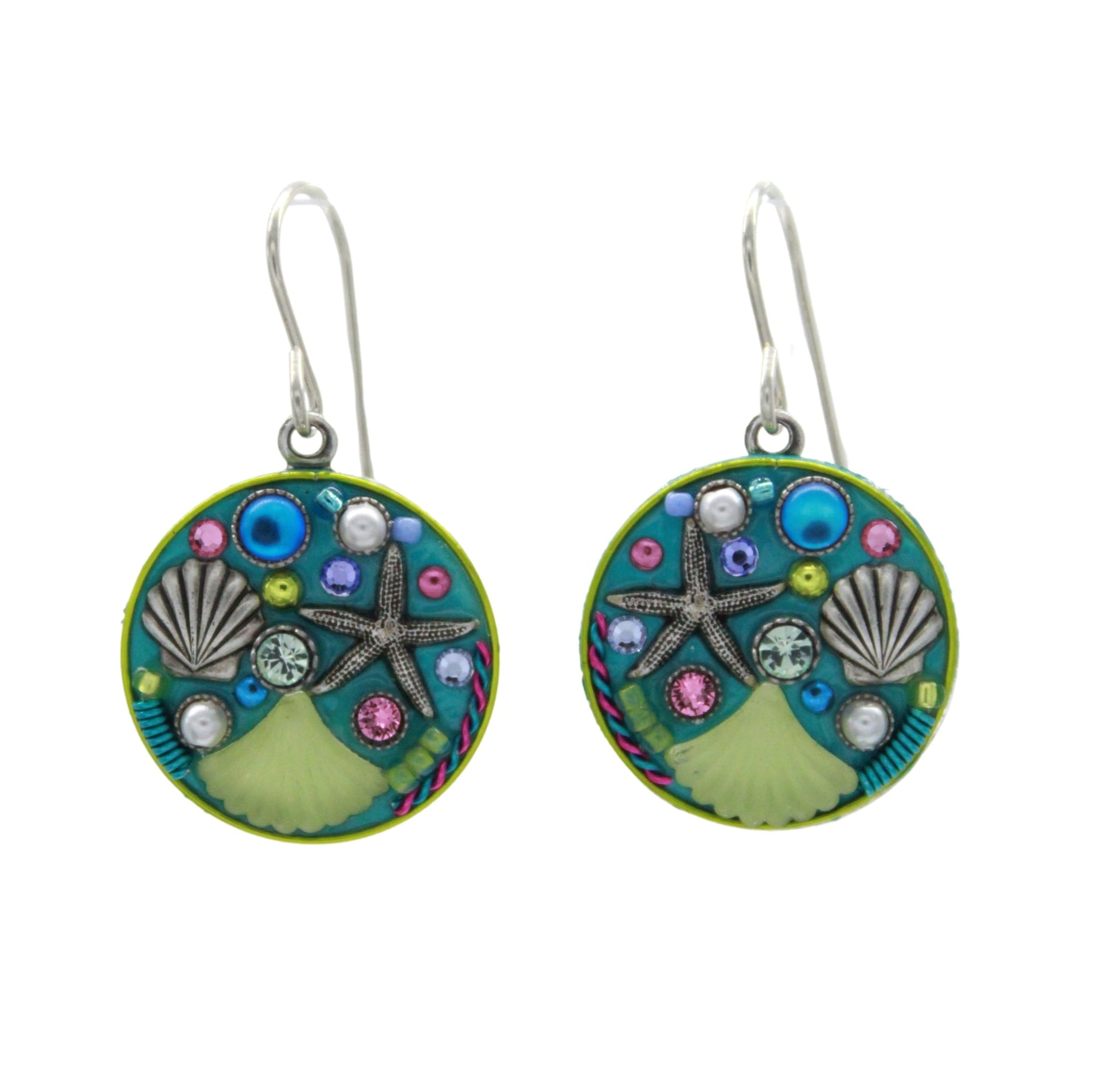 Add a vibrant touch to your handmade jewelry collection with Firefly’s Beach Glass Round Soft Earrings, featuring abstract patterns and raised shapes like circles and fans on a green background.