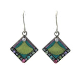 The Beach Glass Simple Diamond Soft Earrings by Firefly feature diamond-shaped drops with green centers, bordered by multicolored stones and finished with silver hooks. These handmade Firefly earrings shine on a white background.