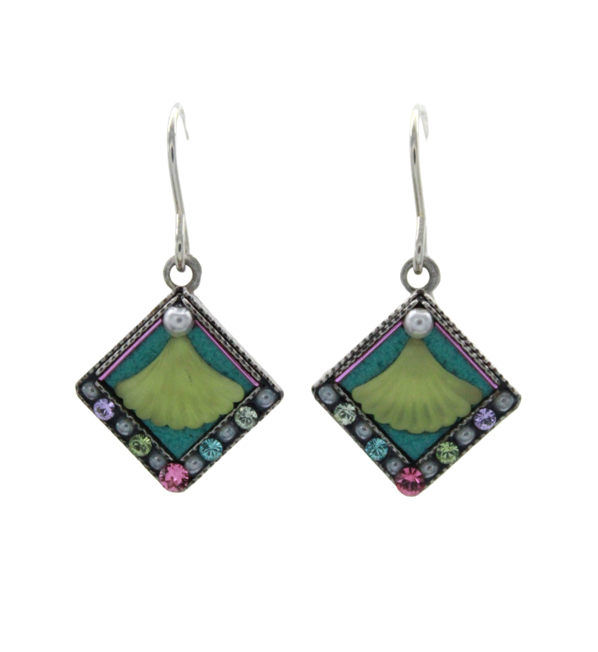 The Beach Glass Simple Diamond Soft Earrings by Firefly feature diamond-shaped drops with green centers, bordered by multicolored stones and finished with silver hooks. These handmade Firefly earrings shine on a white background.