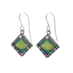 The Beach Glass Simple Diamond Soft Earrings by Firefly feature diamond-shaped silver drop pendants with green centers and multicolored gems, showcased on a white background—a stunning example of Fair Trade, handmade jewelry.