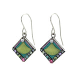 The Beach Glass Simple Diamond Soft Earrings by Firefly feature diamond-shaped silver drop pendants with green centers and multicolored gems, showcased on a white background—a stunning example of Fair Trade, handmade jewelry.