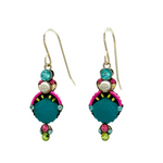 The Beach Glass Blue Shell Soft Earrings by Firefly are handmade dangle earrings with a decorative pattern of teal, pink, turquoise, and green gemstones on gold hooks, crafted in Guatemala and shown on a white background.