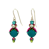 The Beach Glass Blue Shell Soft Earrings by Firefly are handmade dangle earrings with a decorative pattern of teal, pink, turquoise, and green gemstones on gold hooks, crafted in Guatemala and shown on a white background.
