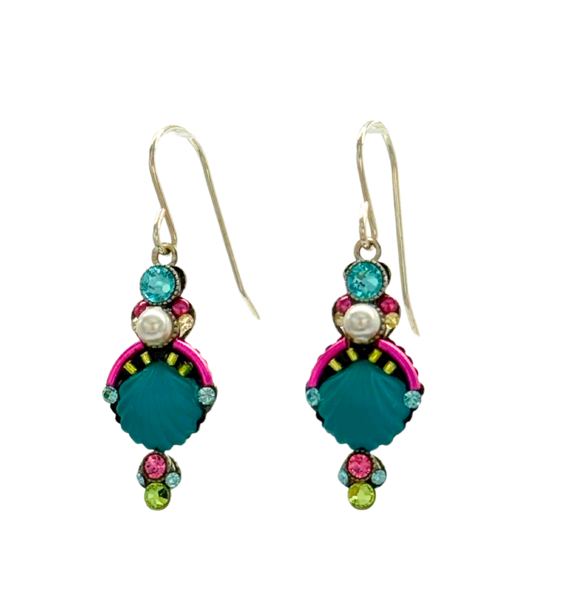 The Beach Glass Blue Shell Soft Earrings by Firefly are handmade dangle earrings with a decorative pattern of teal, pink, turquoise, and green gemstones on gold hooks, crafted in Guatemala and shown on a white background.