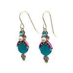 Beach Glass Blue Shell Soft Earrings by Firefly feature teal, pink, green, and pearl-like beads with gold hooks and intricate designs—a vibrant choice for handmade jewelry lovers.