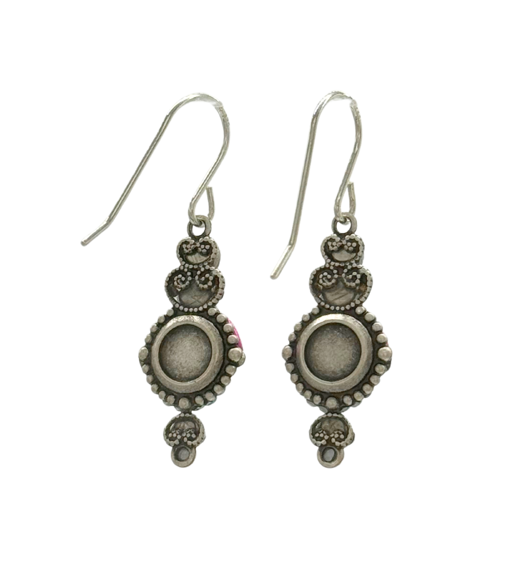 The Beach Glass Blue Shell Soft Earrings by Firefly feature antique-style silver dangles with decorative details and a round central element, exemplifying fine handmade jewelry, displayed on a white background.