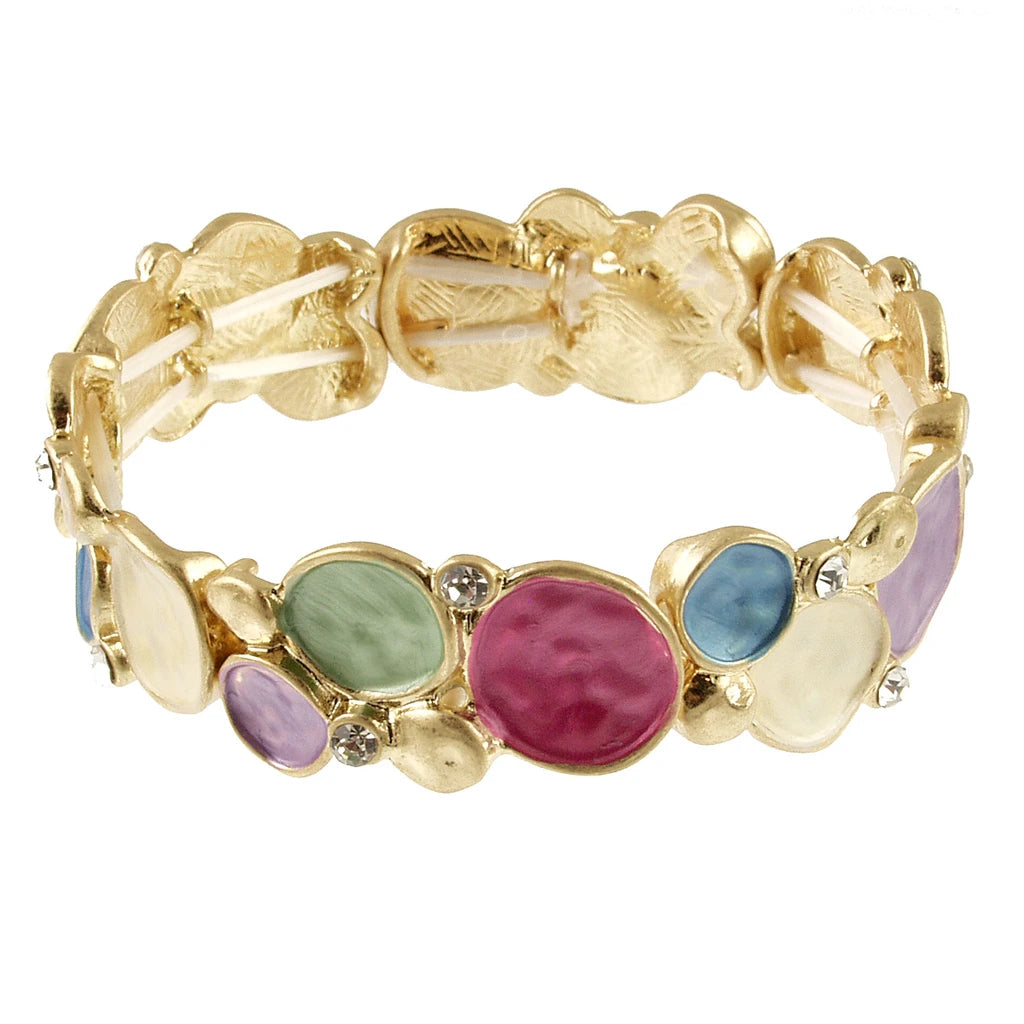 Gold Multi Color Bubbles Stretch Bracelet featuring gold-tone links alternating with multi-color enamel circles and small clear stones.
