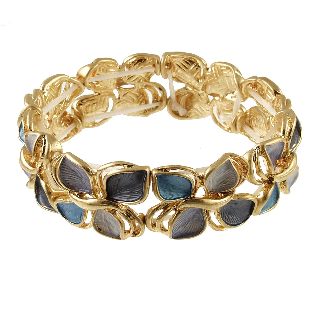 Origin Matte Gold Blue Tone Leaves bracelet featuring interlocking leaf shapes in shades of blue and gray.