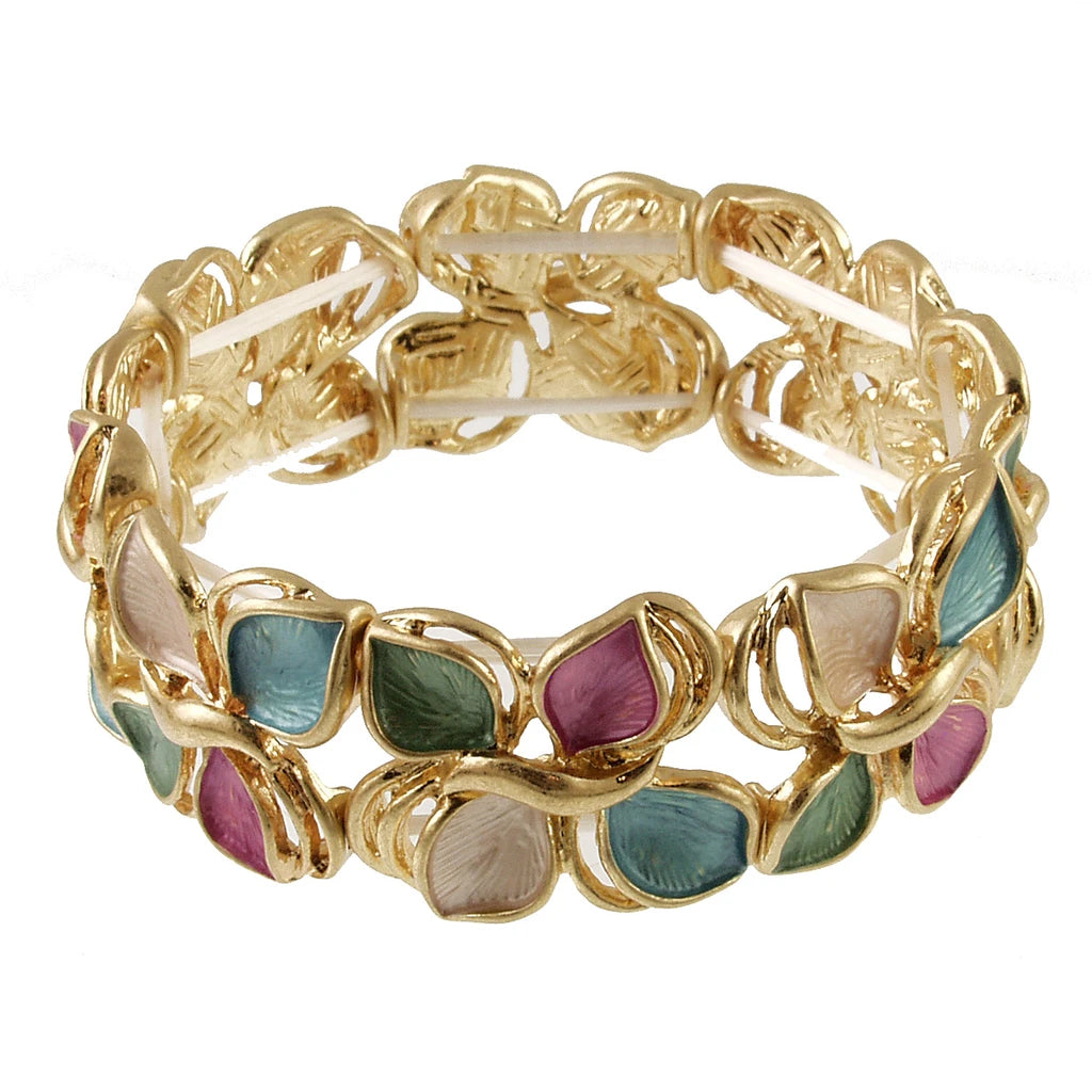 Origin Matte Gold Multi Tone Leaves Bracelet featuring elegant stretch links shaped like leaves, accented with teal, pink, and cream enamel.