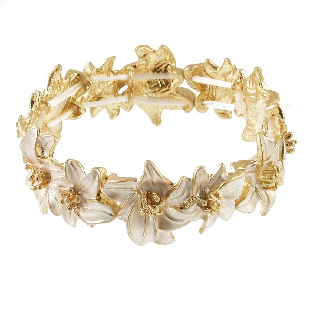 Origin Matte Gold White Flower Stretch Bracelet featuring elegant gold-tone metal flowers with white petals.