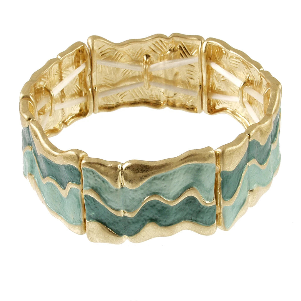 Origin Matte Gold Green-Aqua Wavy Stretch Bracelet featuring matte gold wavy panels with green and aqua enamel accents.