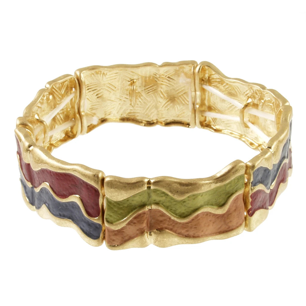 Origin Matte Gold Multi Tone Wavy Stretch bracelet with matte gold finish and wavy, multi-colored enamel patterns.