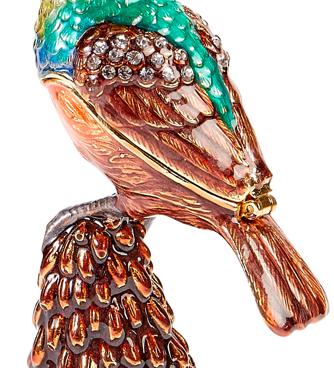 The Kubla Crafts Trinket Box: Bee Catcher Box features vibrant blue, green, and brown hues, sparkling rhinestone accents, detailed feather textures, and sits on a textured brown and orange base.