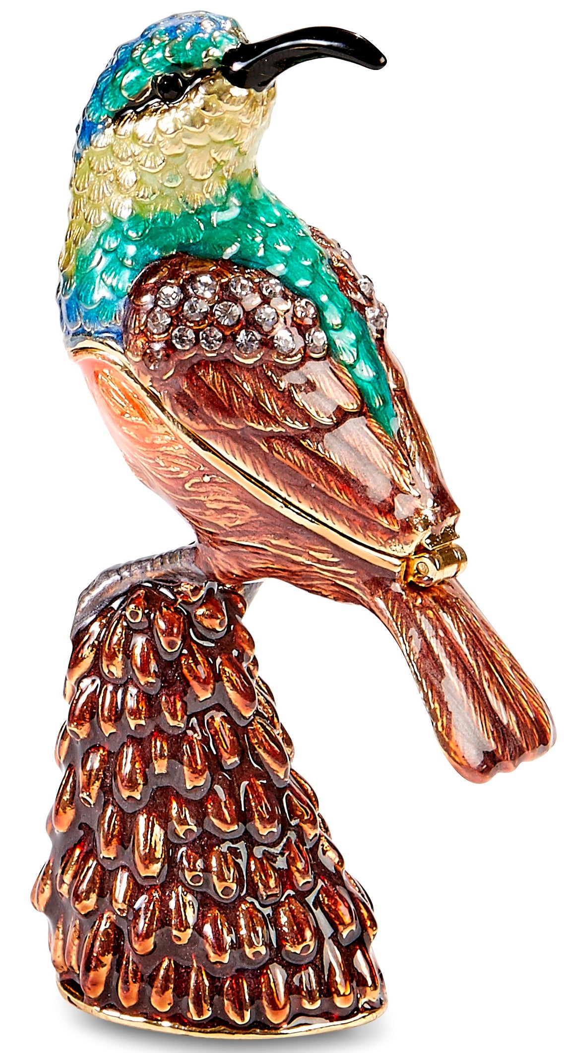 The Kubla Crafts Trinket Box: Bee Catcher Box features vibrant blue, green, and brown hues, sparkling rhinestone accents, detailed feather textures, and sits on a textured brown and orange base.