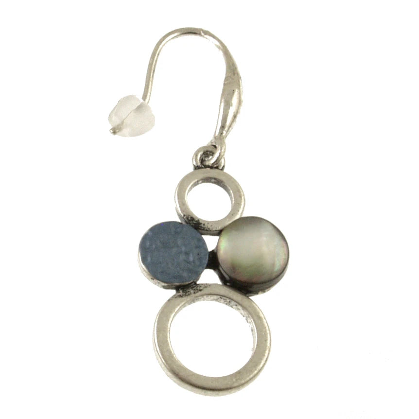 Dangle earring from the Oxidized Silver/Blue & Black Lip Shell Necklace Set featuring two oxidized silver rings and two circular inlay stones in blue and iridescent black.